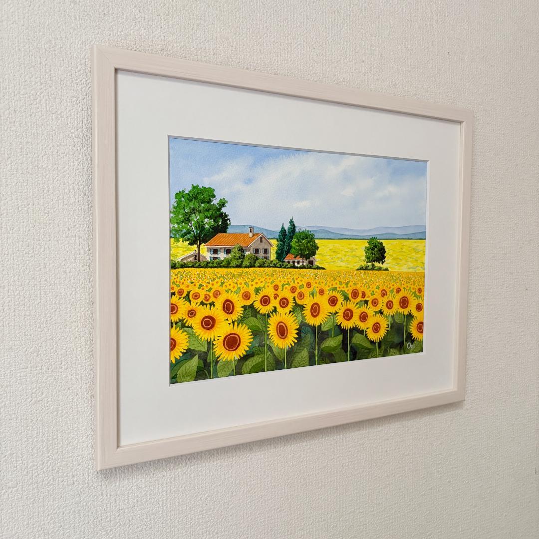 透明水彩画　原画　「ひまわり畑02」額縁付　４Fサイズ　風景画