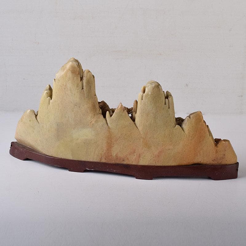 中国　玉石蝋石青田石　楼閣山水雕　床飾　置物　V　7609