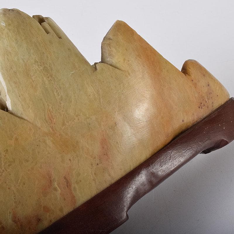 中国　玉石蝋石青田石　楼閣山水雕　床飾　置物　V　7609