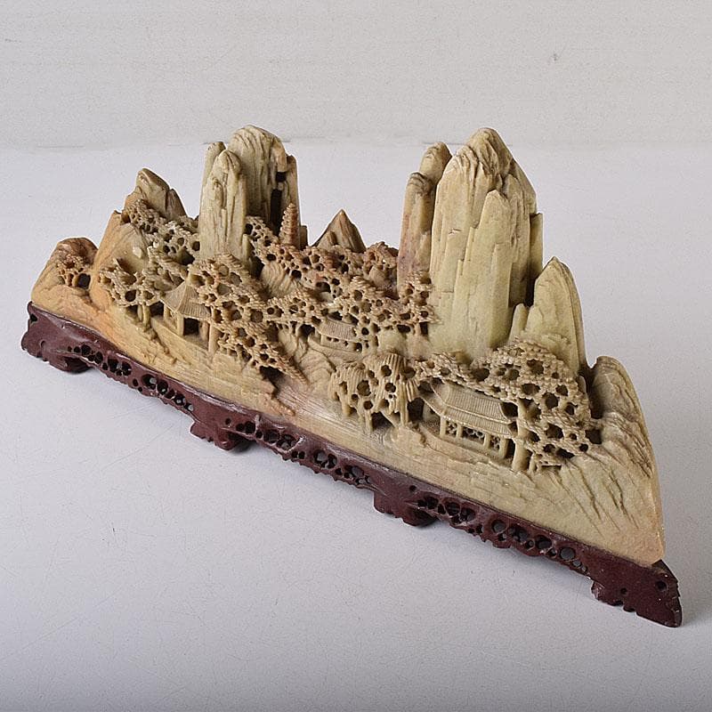 中国　玉石蝋石青田石　楼閣山水雕　床飾　置物　V　7609