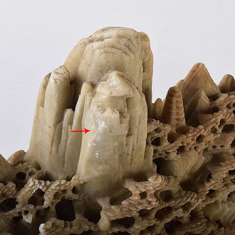 中国　玉石蝋石青田石　楼閣山水雕　床飾　置物　V　7609