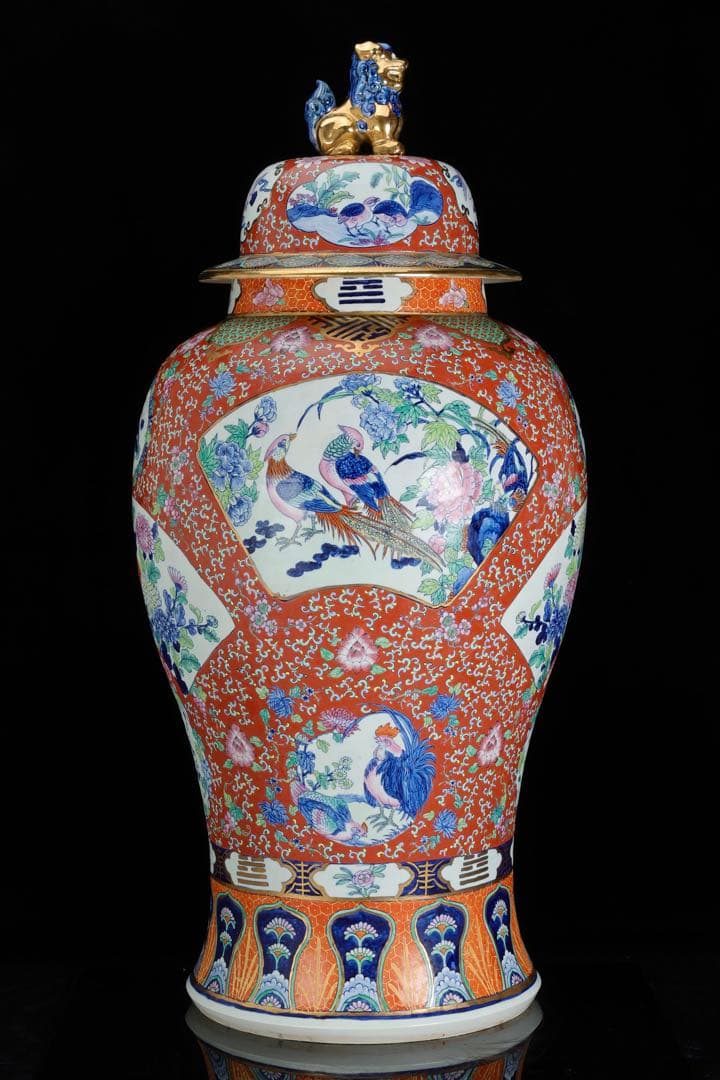有田焼 染錦窓絵花鳥尽之図 獅子摘蓋付 沈香壺 特大99㎝ 飾壺 古美術 骨董品