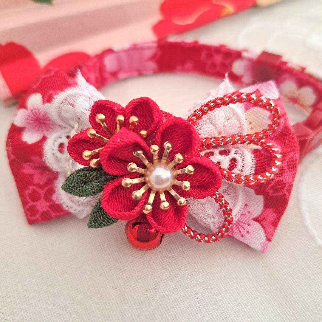 お正月、つまみ細工シングルリボン(赤②)わんちゃん猫ちゃん用首輪