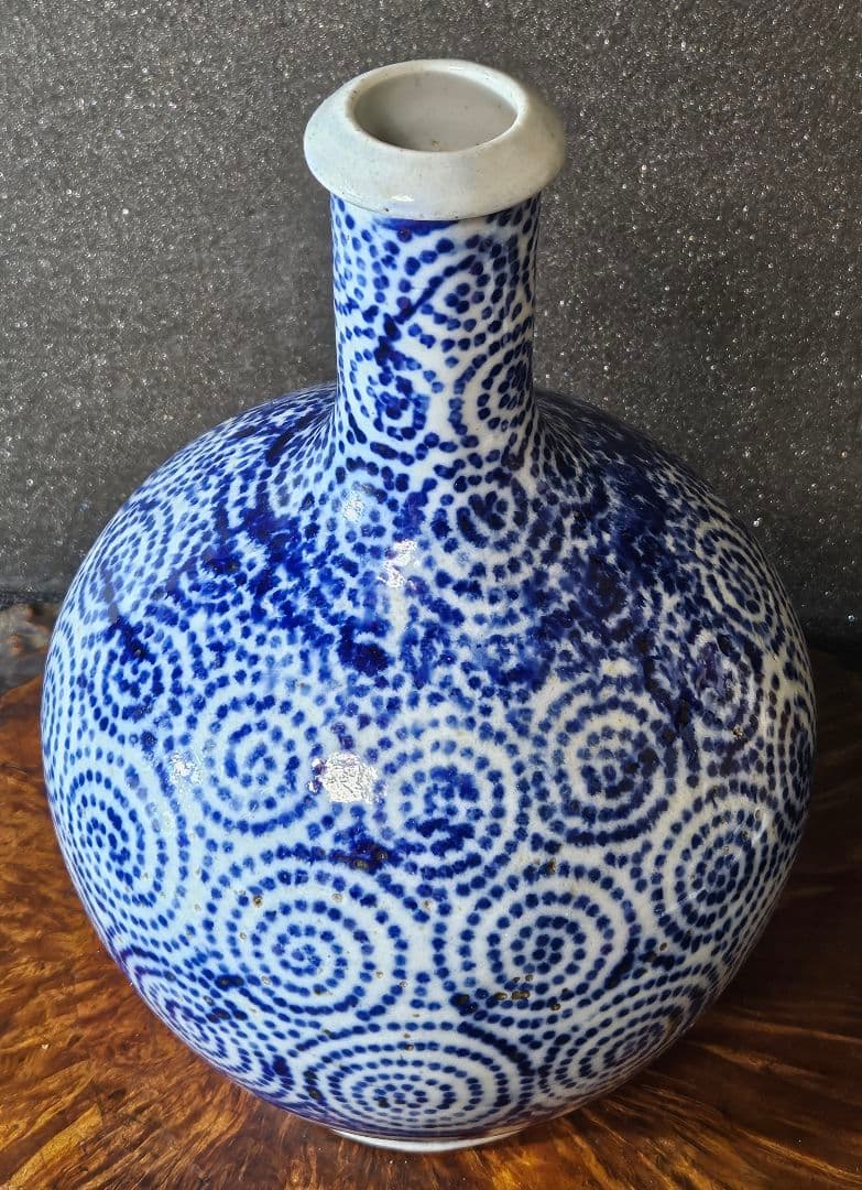 明治時代　東北民窯　会津本郷焼　 印判染付　たこ唐草文様　24.5cm　大徳利