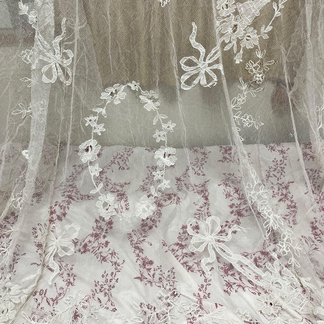 フランスアンティーク♡リボン花籠柄レースチュールベッドカバー