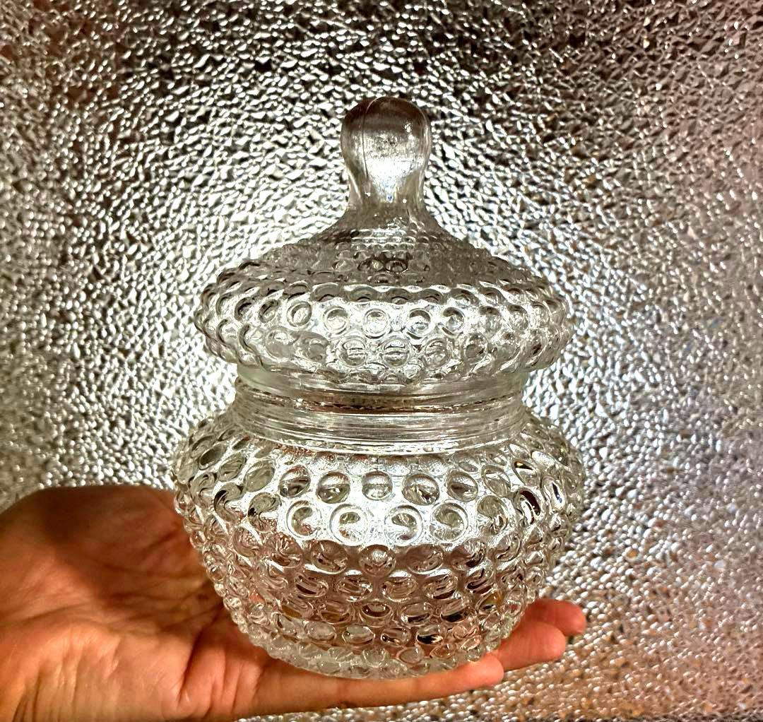 骨董　時代ガラス　希少　霰プレス　飴屋瓶　菓子瓶　お菓子入れ　ボンボニエール