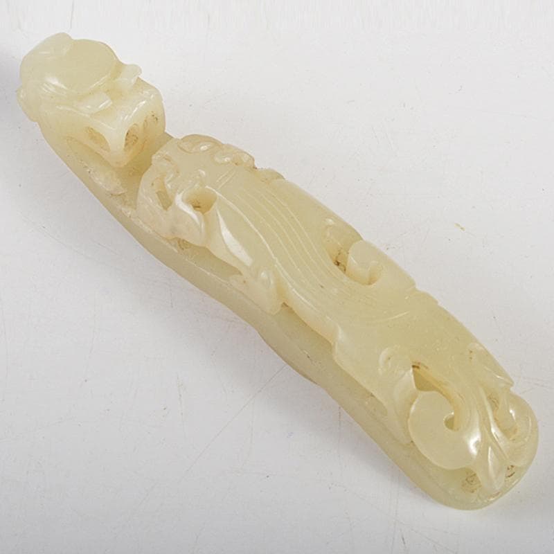 中国　玉石白玉彫刻　龍刻　帯鉤　筆架　置物　V　R7200