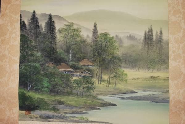 真作/白石勝敏/青緑山村図/布袋屋掛軸B-331