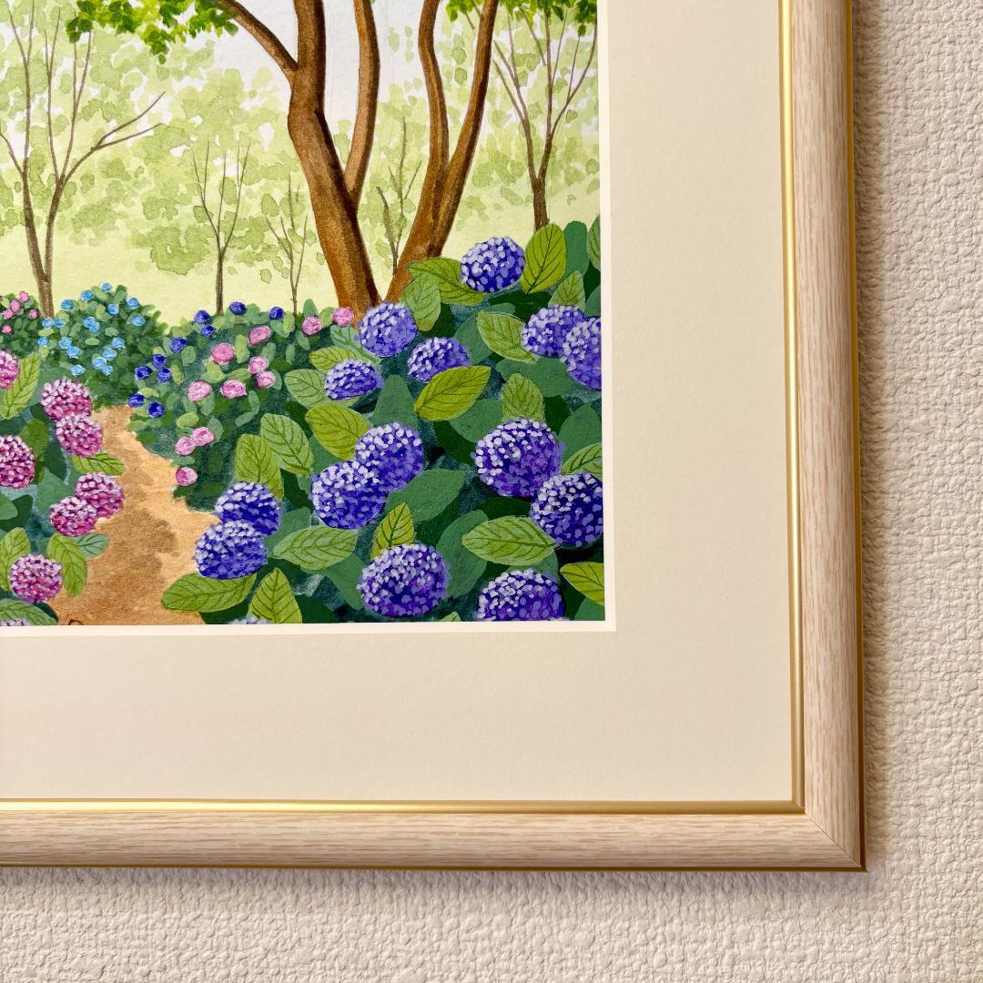 アクリル画　原画　「あじさいの小道02」額縁付　SMサイズ　風景画