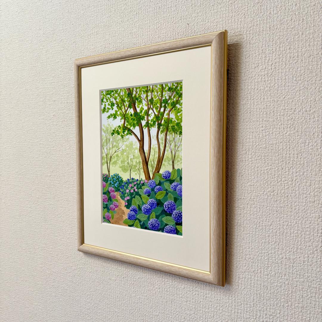 アクリル画　原画　「あじさいの小道02」額縁付　SMサイズ　風景画