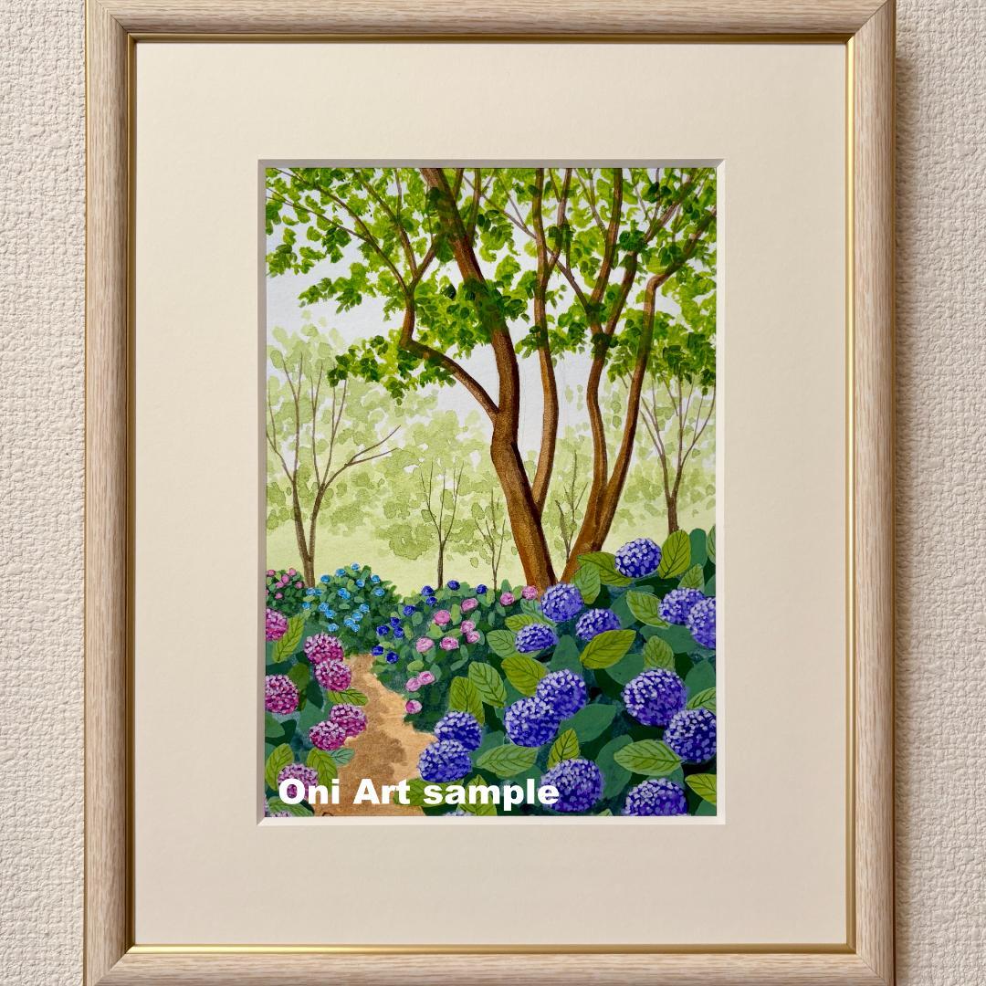 アクリル画　原画　「あじさいの小道02」額縁付　SMサイズ　風景画