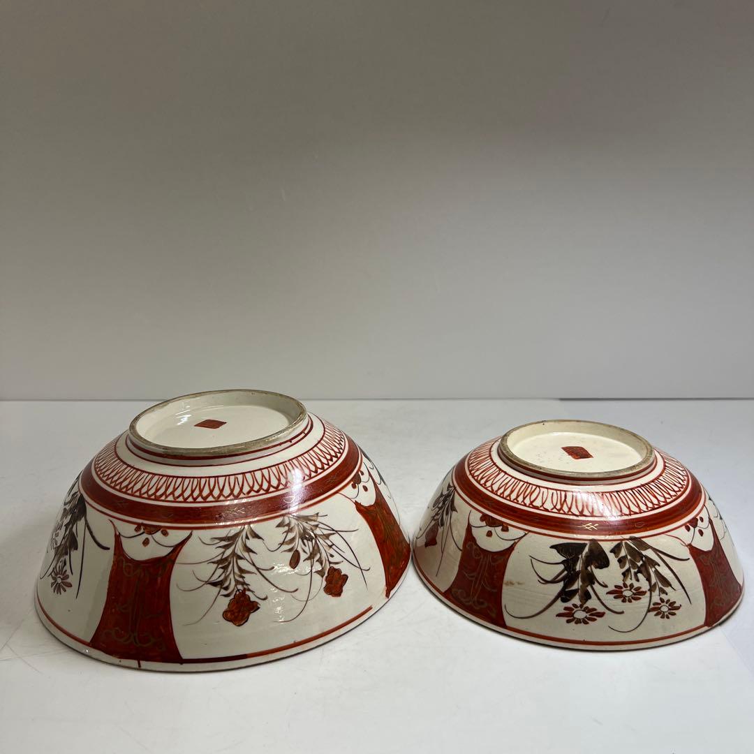 明治初期　九谷焼　赤絵人物画鉢大小　口径約21.5/18.5㎝東Y8-0123①