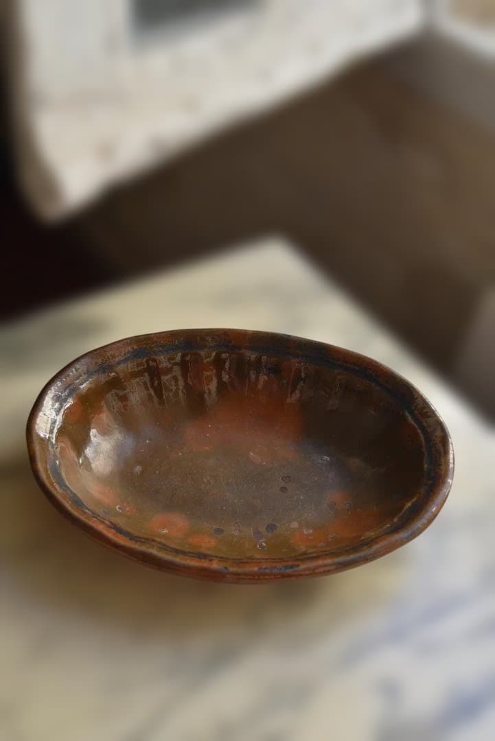 フランス19世紀　茶釉オーバル深皿　西洋民藝　古道具坂田