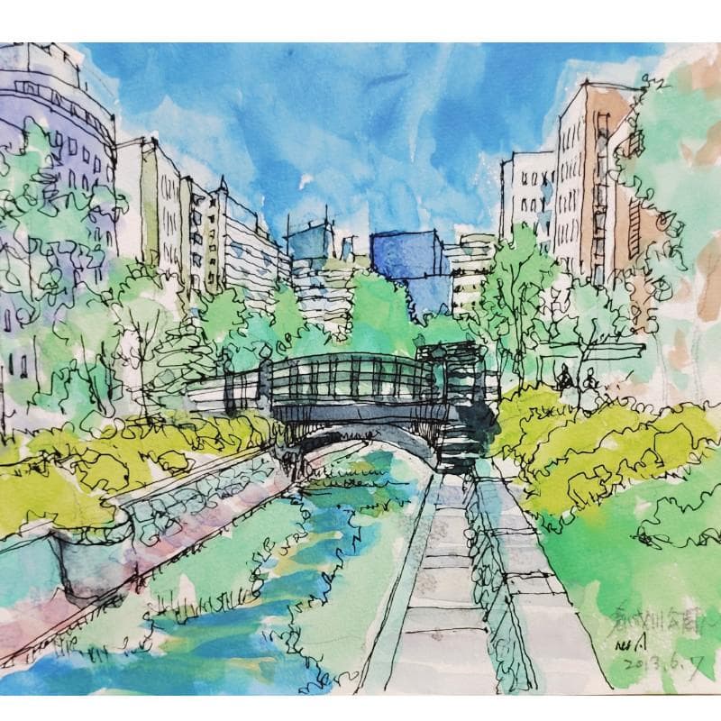 ☆青野昌勝☆「創成川公園にて」水彩画　四ツ　未使用！