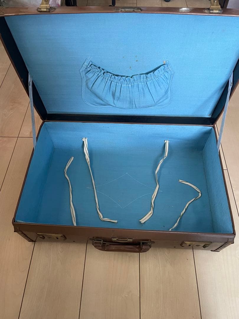 昭和レトロ ヴィンテージ トランク 本革調 内装ブルー 古道具