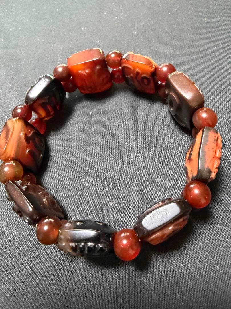 ペー、上肯天珠‼️西蔵老礦紅玉髄八大吉祥財神梵字バングル仏眼梵字セット