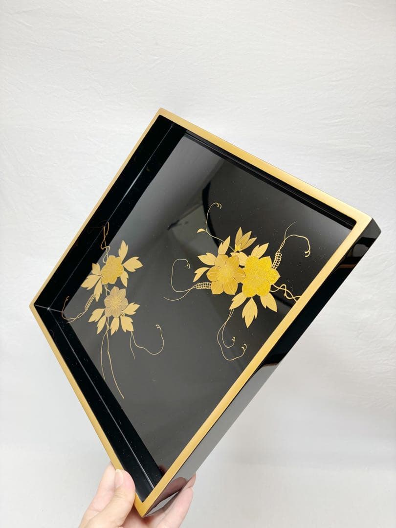 ほぼ未使用 茶道具 輪島塗 金彩花蒔絵 重台 四方盆 木製黒真塗 能登国輪島共箱