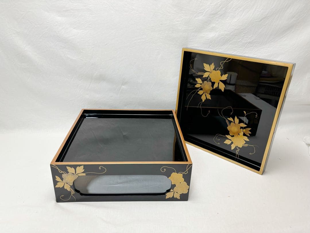 ほぼ未使用 茶道具 輪島塗 金彩花蒔絵 重台 四方盆 木製黒真塗 能登国輪島共箱