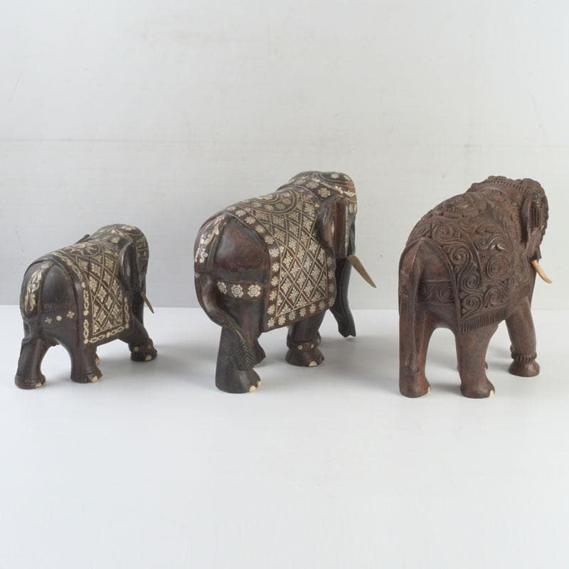中国　唐木紫壇製　獣骨装飾など　インド象　3点まとめて　台付　V　9336A