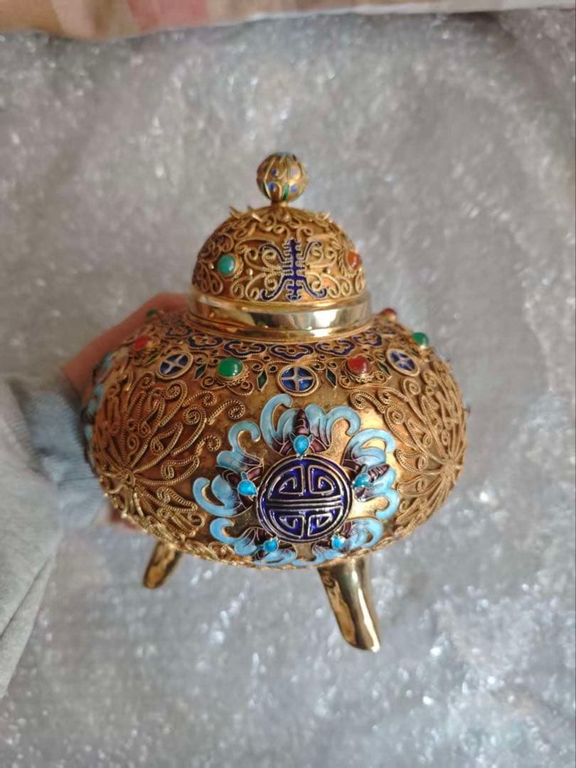 中国美術 銀製 Silver刻印有 七宝 香炉 唐物 置物 622.4g 茶道具