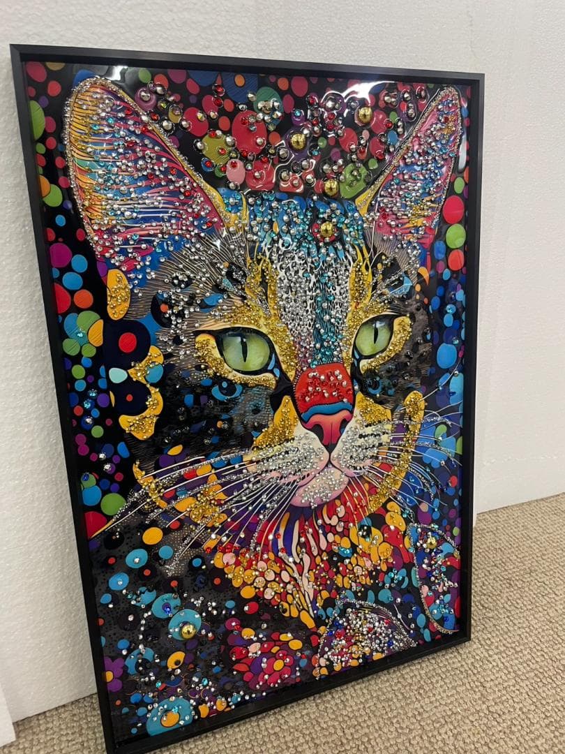 水晶絵　猫　ネコ　キャット　カラフル　アニマル　アートパネル　絵画　ペイント　絵