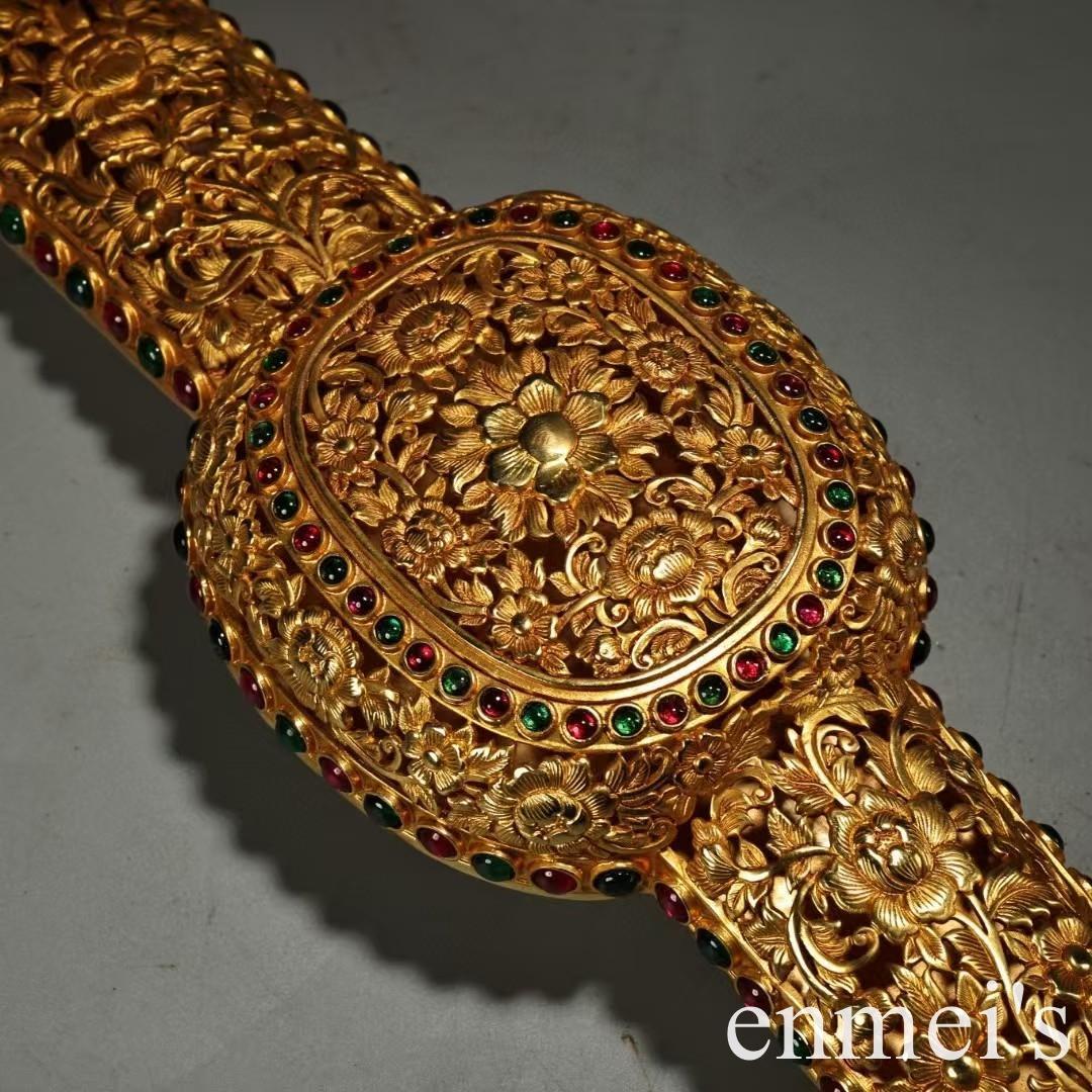 中国古美術・旧蔵福寿花紋「万事如意」置物・純銅製・透彫鏨刻鎏金・純手作り・文房具