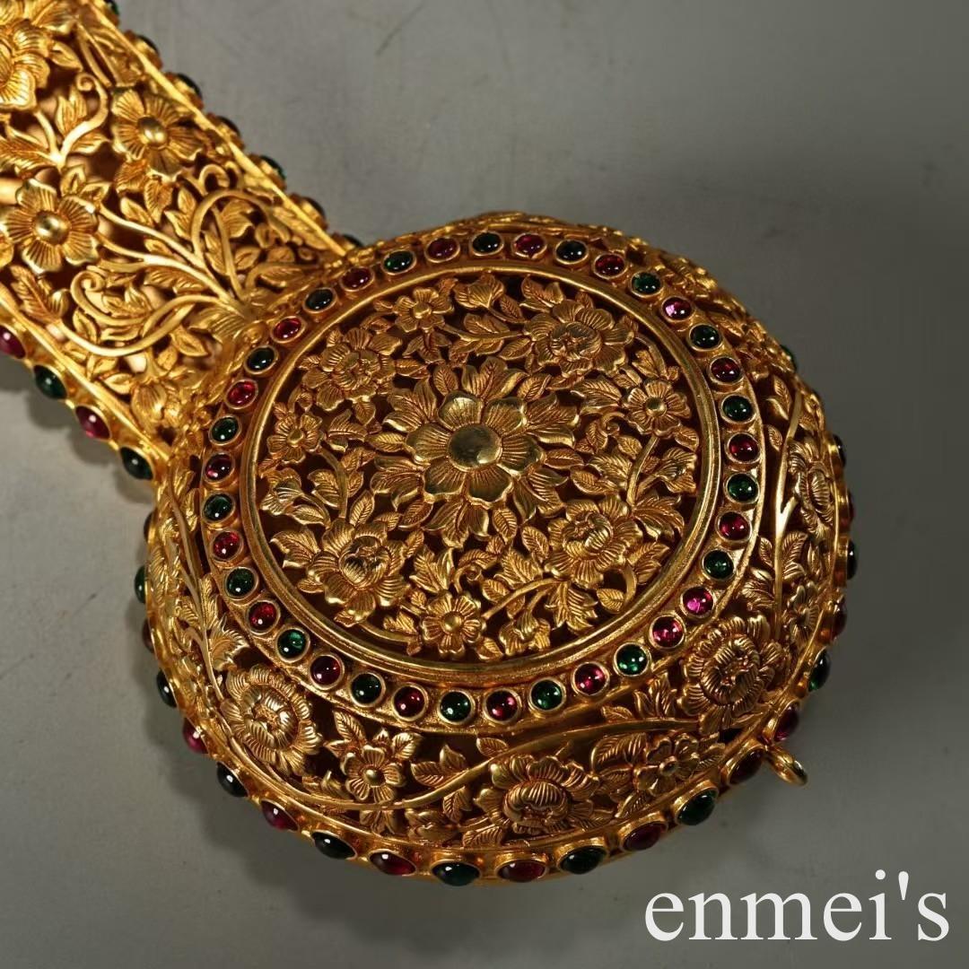 中国古美術・旧蔵福寿花紋「万事如意」置物・純銅製・透彫鏨刻鎏金・純手作り・文房具