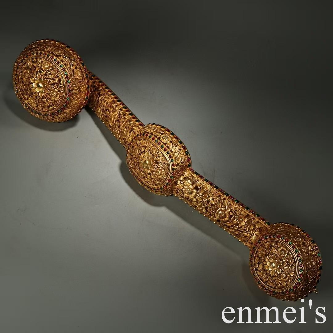 中国古美術・旧蔵福寿花紋「万事如意」置物・純銅製・透彫鏨刻鎏金・純手作り・文房具