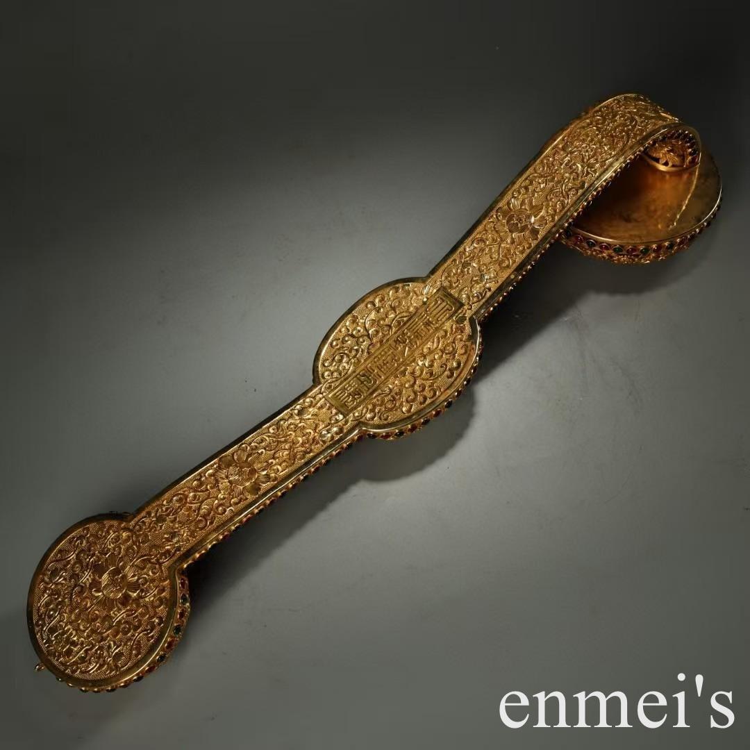 中国古美術・旧蔵福寿花紋「万事如意」置物・純銅製・透彫鏨刻鎏金・純手作り・文房具