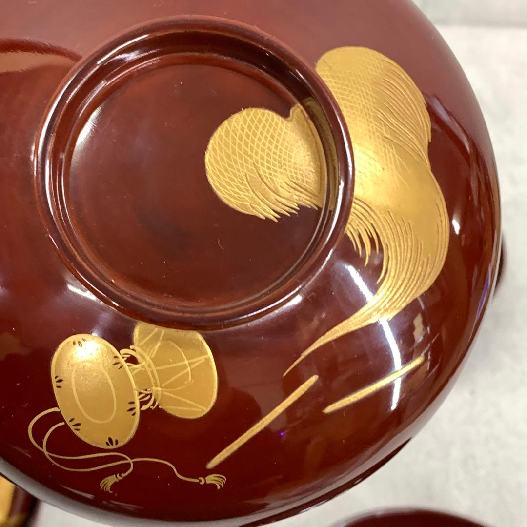 吸物椀 5客 絵変わり 塗り 溜絵 正月 賀正 金彩 汁椀 雑煮 B