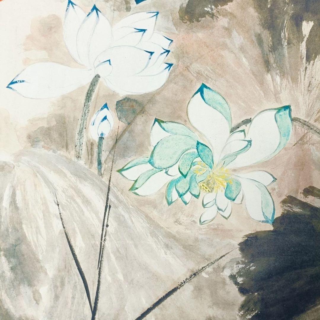 張大千 花卉画 掛け軸 中堂 五彩蓮花図 中国画 サイズ：70×173cm