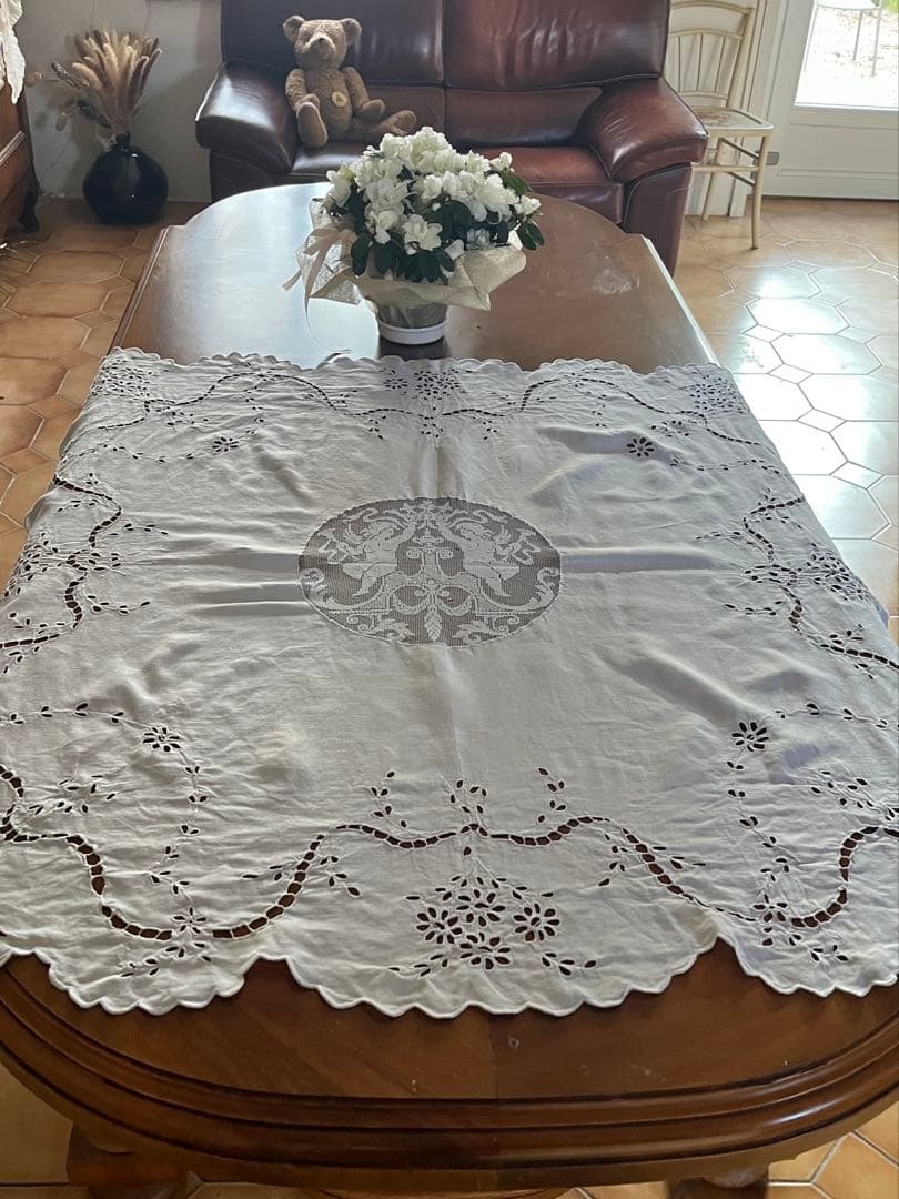 ◆フランスアンティーク｜手刺繍希少天使レースマルチクロステーブルエンジェル正方形