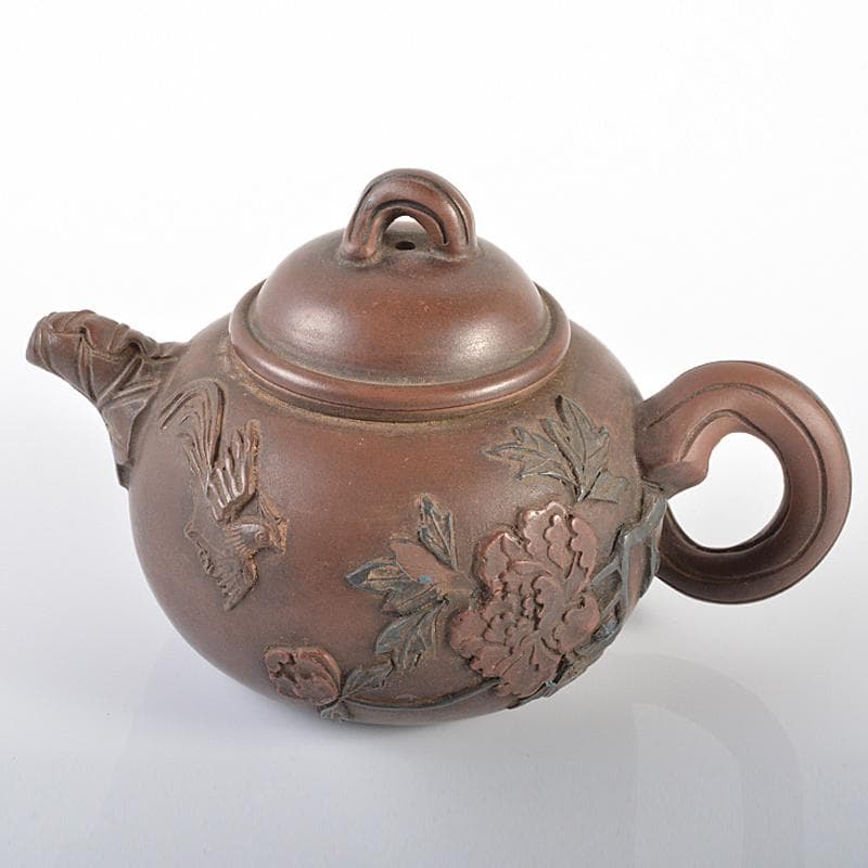 中国　紫砂　朱泥　貼花鳥文　急須　茶壷　在銘　C　R6189