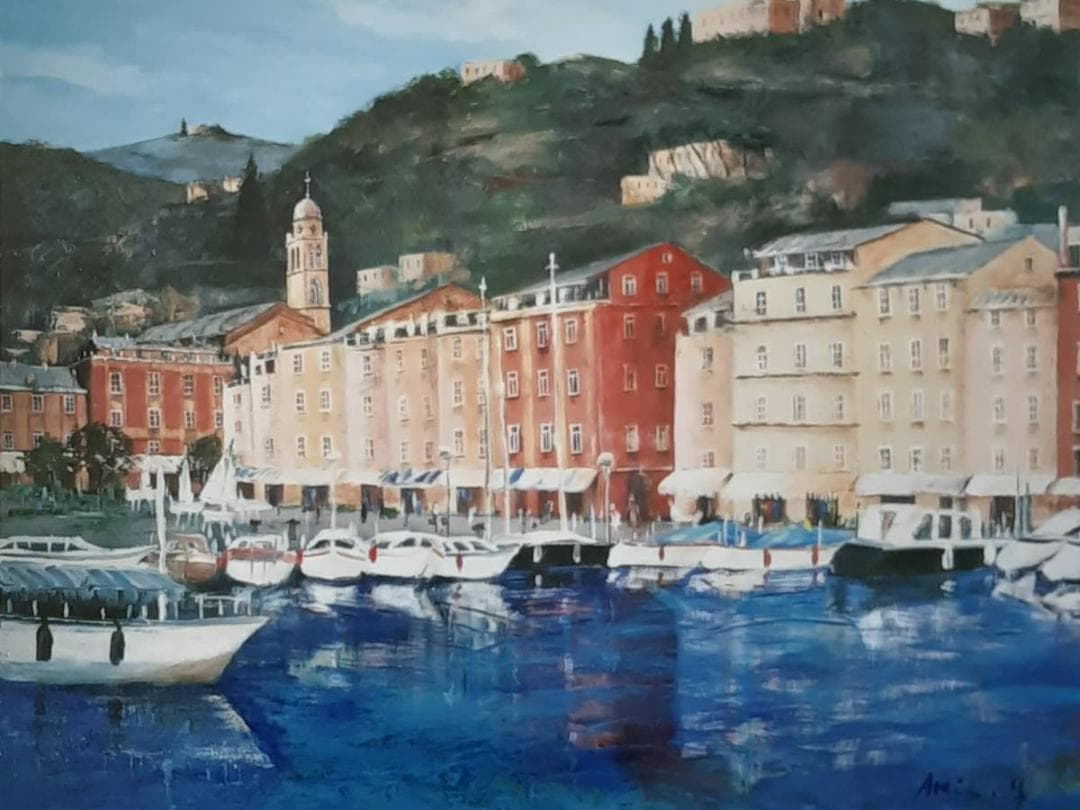 山本亜稀、「ポルト・フィーノ」、希少画集の額装画、四季、風景、人気作品