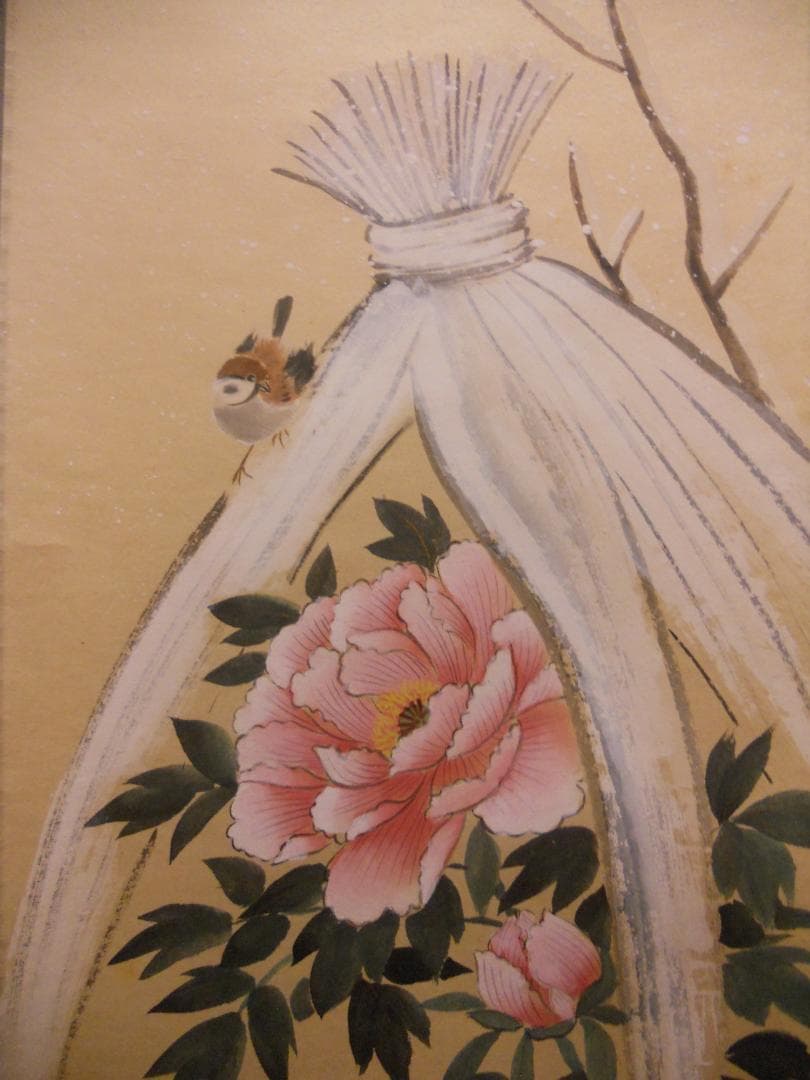 掛け軸 中島佳香 作 『 寒牡丹 』 紙本 希少 軸装 茶道具 掛軸 美品 です