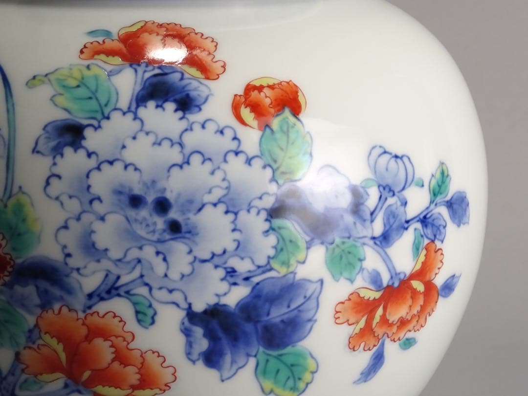 名工　十二代　今泉今右衛門　秀逸作　色鍋島　芙蓉文　花瓶　地文縁　壷　花入　花器