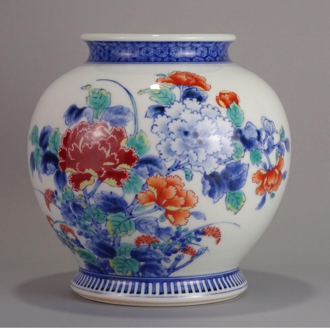 名工　十二代　今泉今右衛門　秀逸作　色鍋島　芙蓉文　花瓶　地文縁　壷　花入　花器