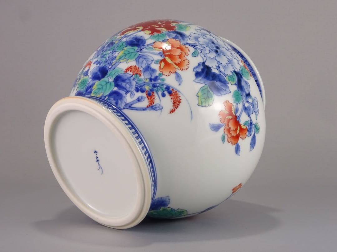 名工　十二代　今泉今右衛門　秀逸作　色鍋島　芙蓉文　花瓶　地文縁　壷　花入　花器