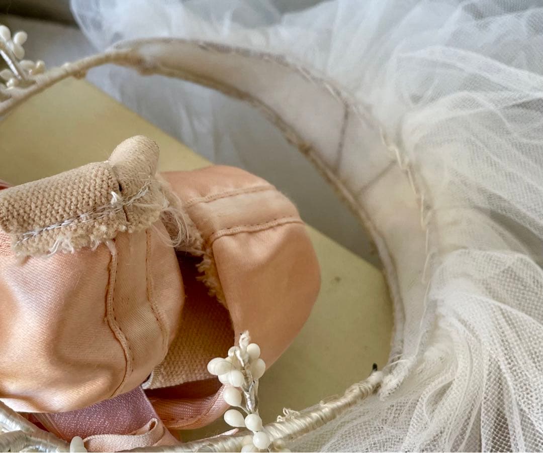 チュールベール付きワックスフラワーティアラ マリアージュ冠フランスアンティーク