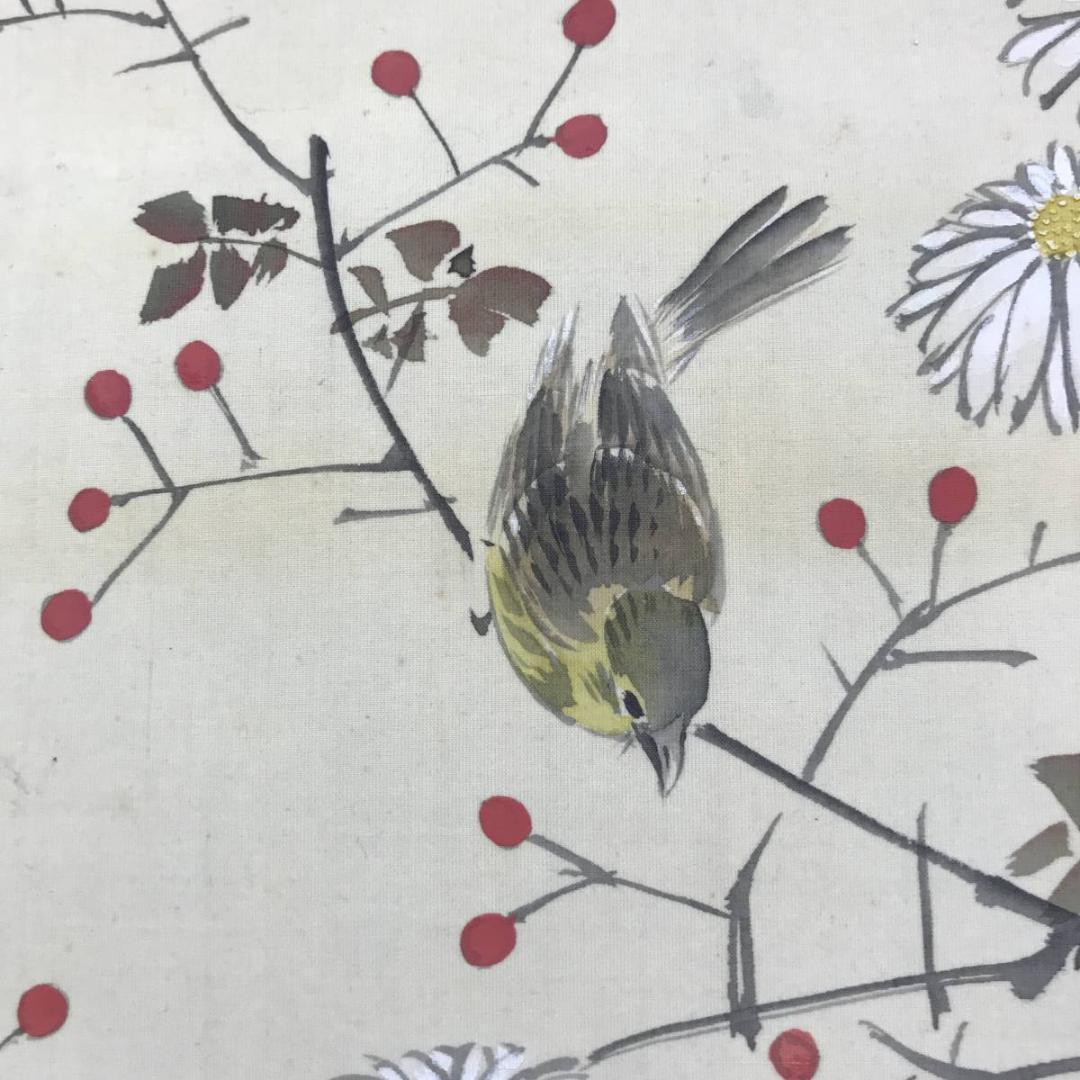 真作/石河有隣/秋草小禽図/花鳥図/小鳥図/菊図/芙蓉/名家伝来/AE-168