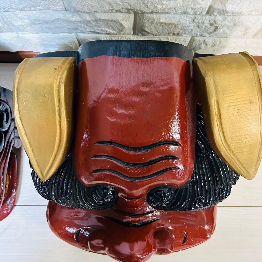 獅子頭　雄雌セット　彫木品　アンティーク