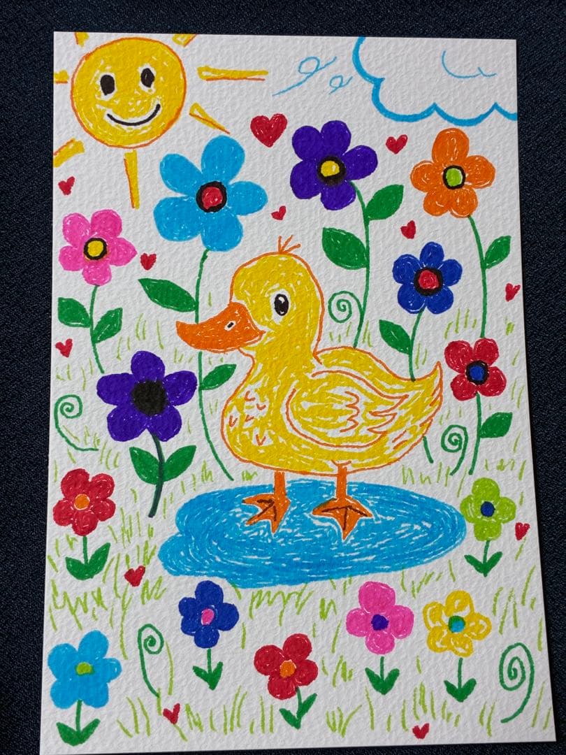 手描きアート作品　アヒルとお花たち