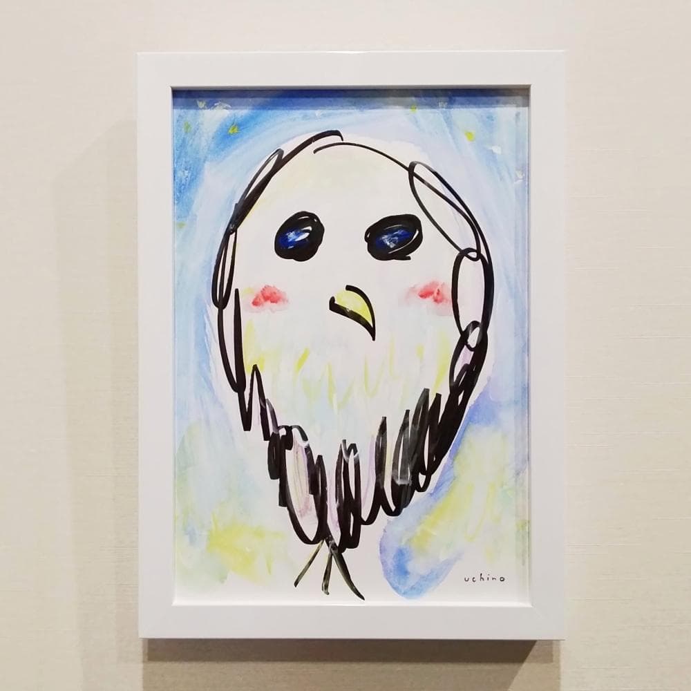 内野隆文　夜のフクロウ　絵画　ドローイング　素描　梟　カワイイ　額付　真作