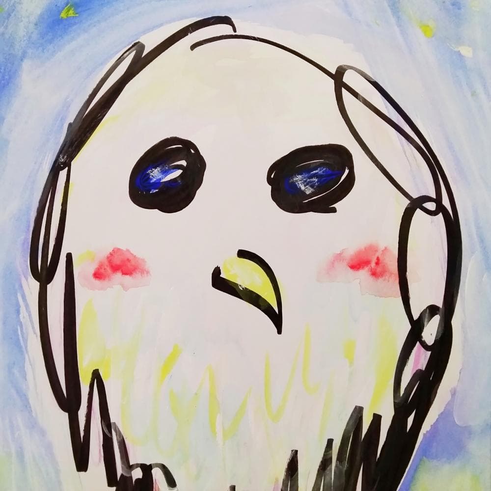 内野隆文　夜のフクロウ　絵画　ドローイング　素描　梟　カワイイ　額付　真作