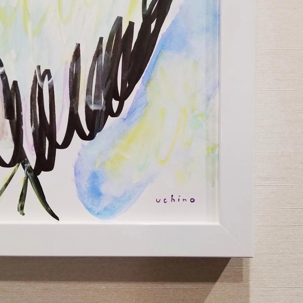 内野隆文　夜のフクロウ　絵画　ドローイング　素描　梟　カワイイ　額付　真作