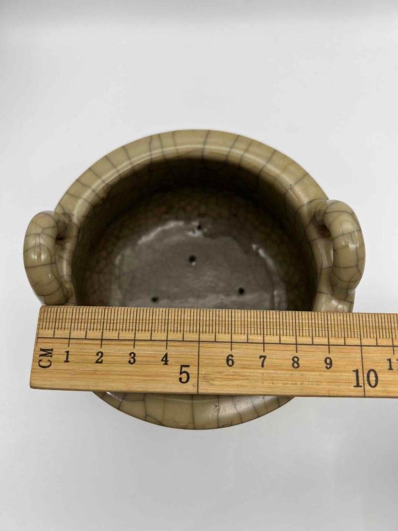 宋時代　青磁　汝官窯包金氷裂紋 支釘焼き 双耳三足香炉(C-81)