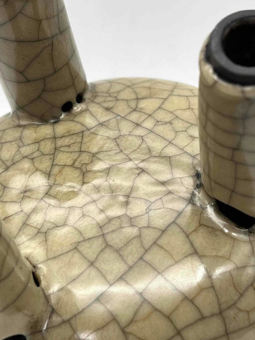 宋時代　青磁　汝官窯包金氷裂紋 支釘焼き 双耳三足香炉(C-81)