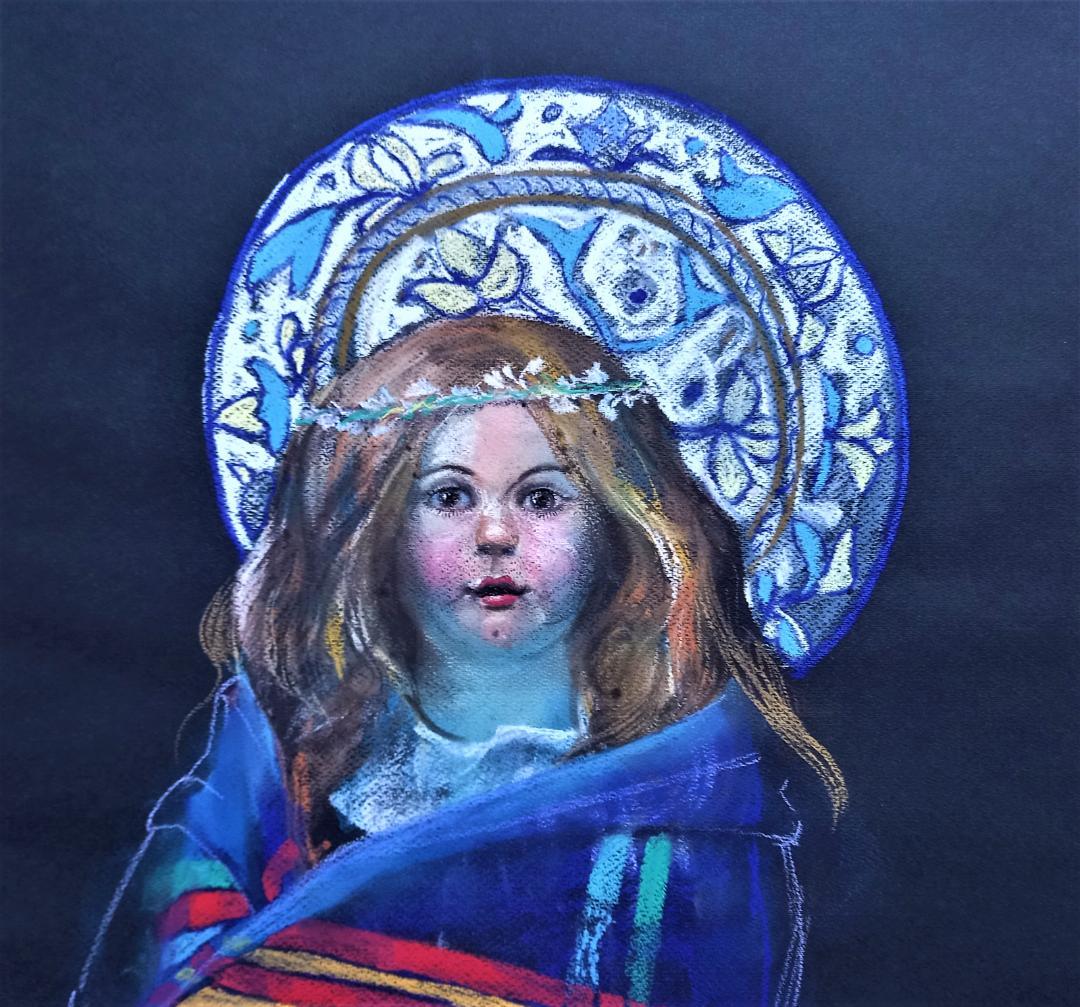 外国人画家の作品　人形を描いたパステル画　実力ある画家の大型サイズの絵