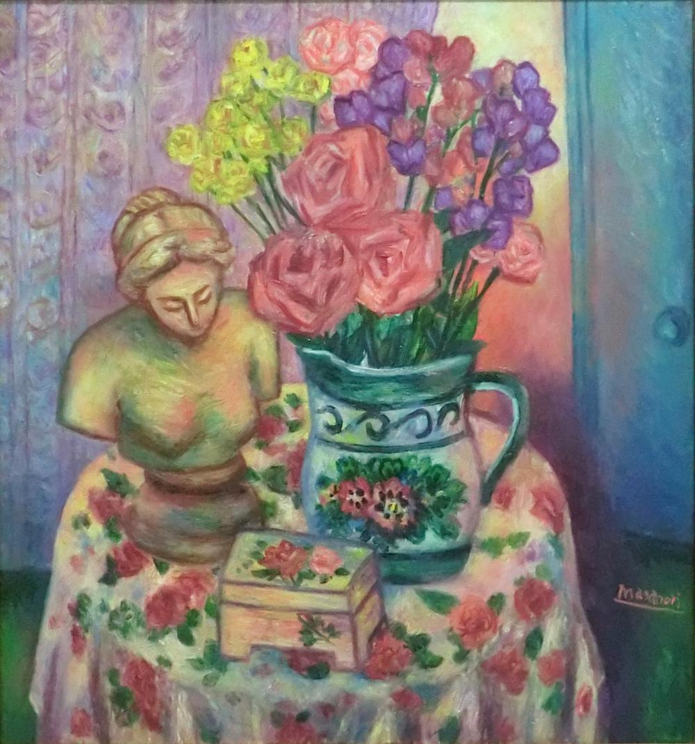 油彩画　静物画　女性像のあるテーブル　額装商品　作品サイズ60×65cm