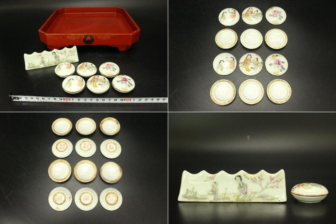 中国美術 色絵 女人紋 筆架 香合 六件 朱塗盆 文房四宝 まとめて(A726)